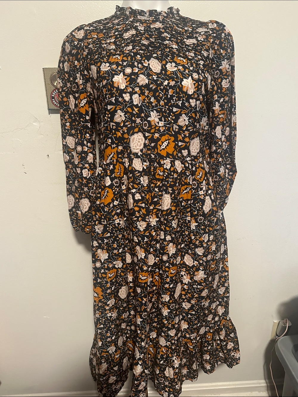 Universal Thread Black Floral Maxi Dress with Mustard & Cream Accents